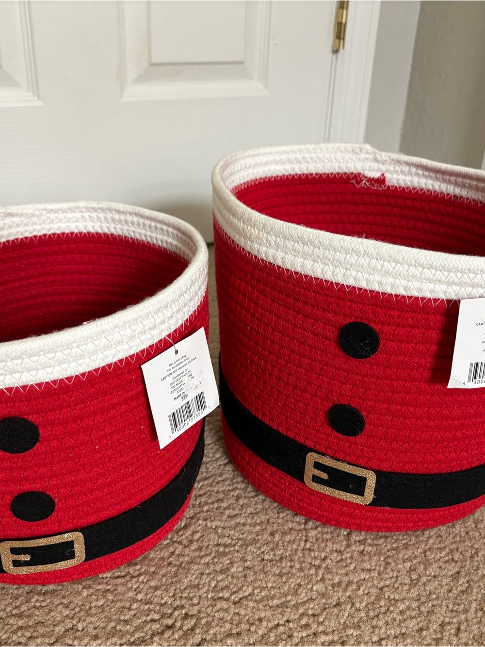 Pair of two Festive Red Santa Belt Rope Woven Baskets